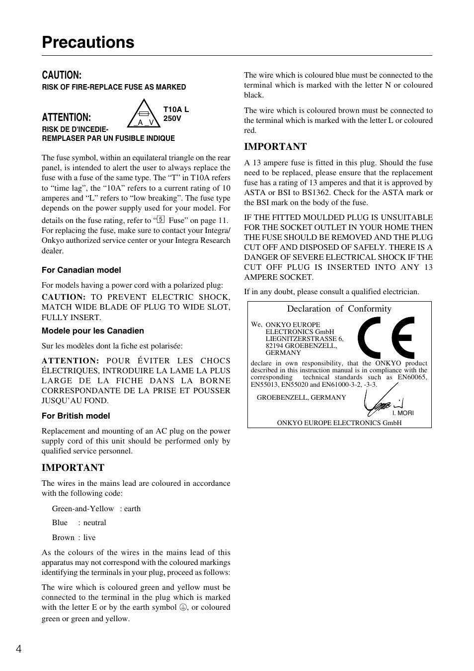 Precautions, Caution, Attention | Onkyo RDA-7.1 User Manual | Page 4 / 16