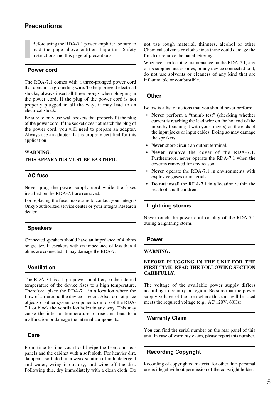 5precautions | Onkyo RDA-7.1 User Manual | Page 5 / 16