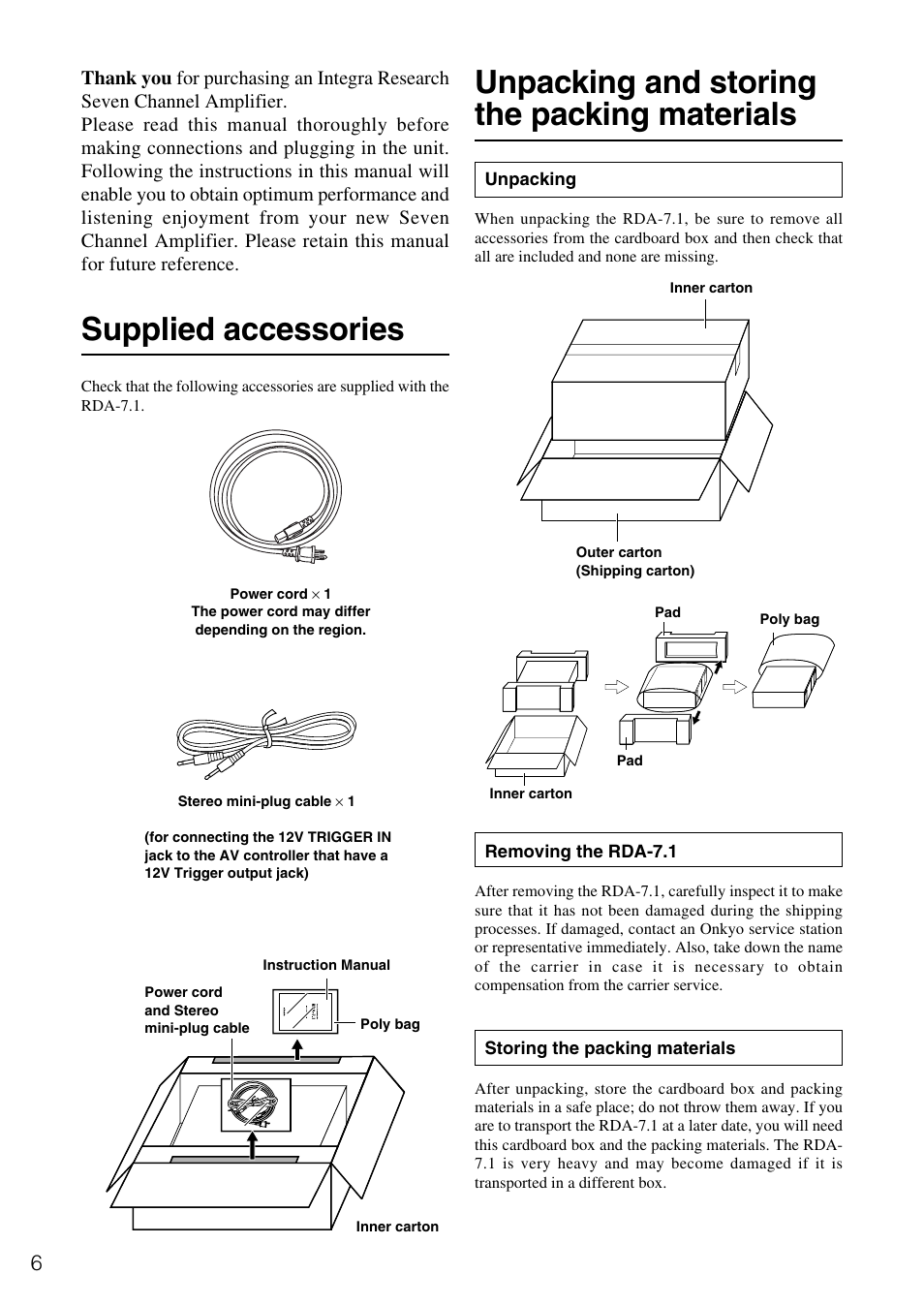 Unpacking and storing the packing materials, Supplied accessories | Onkyo RDA-7.1 User Manual | Page 6 / 16