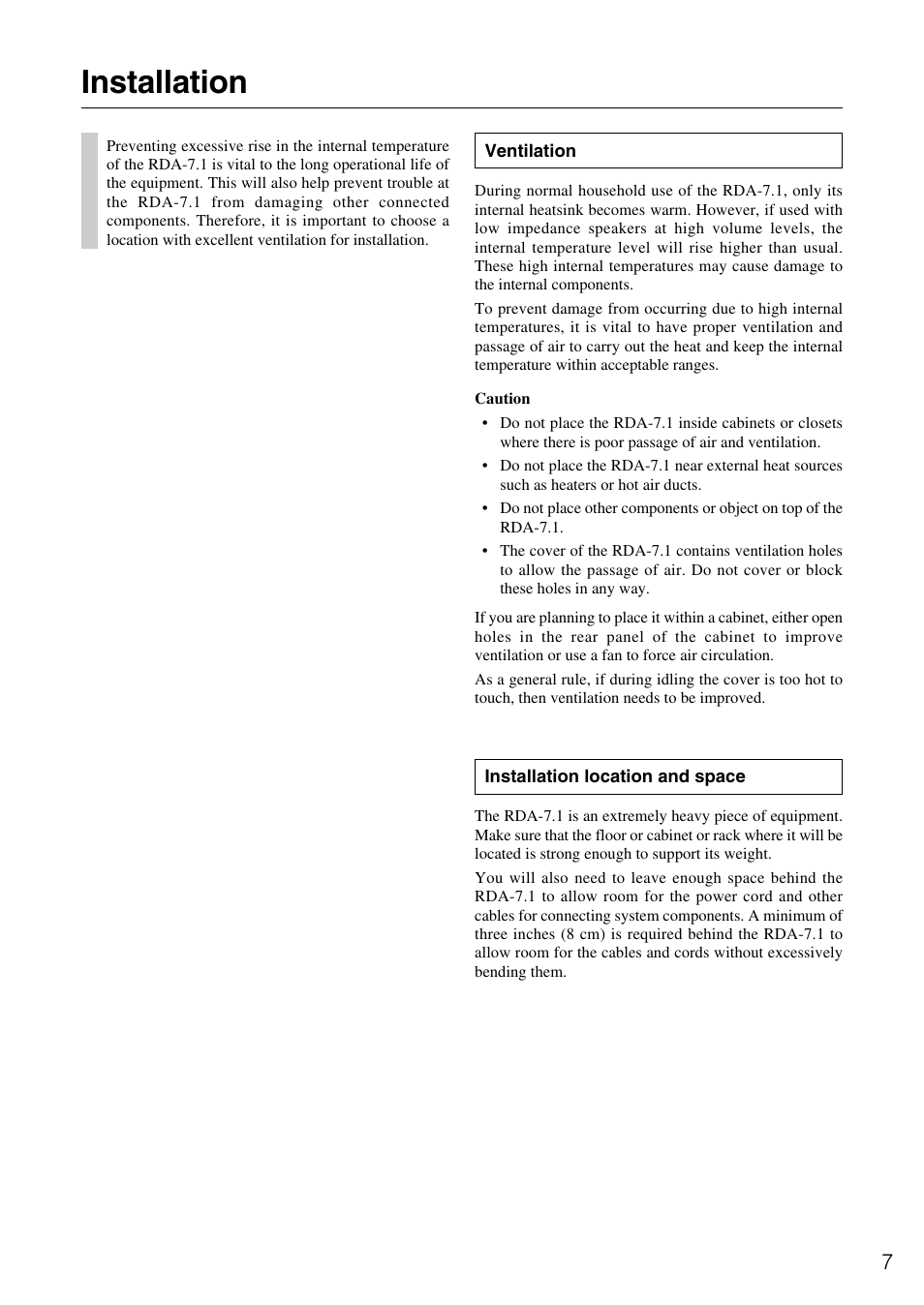 Installation | Onkyo RDA-7.1 User Manual | Page 7 / 16