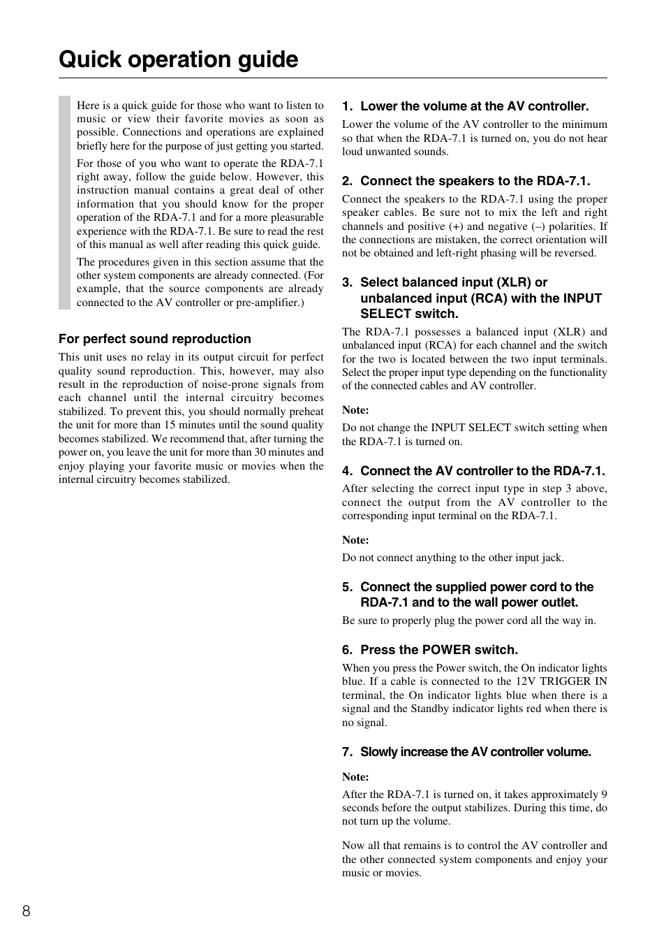 Quick operation guide | Onkyo RDA-7.1 User Manual | Page 8 / 16