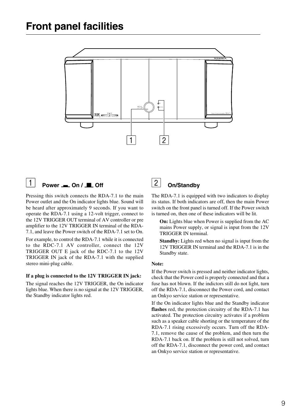 Front panel facilities, Power on / off, On/standby | Onkyo RDA-7.1 User Manual | Page 9 / 16