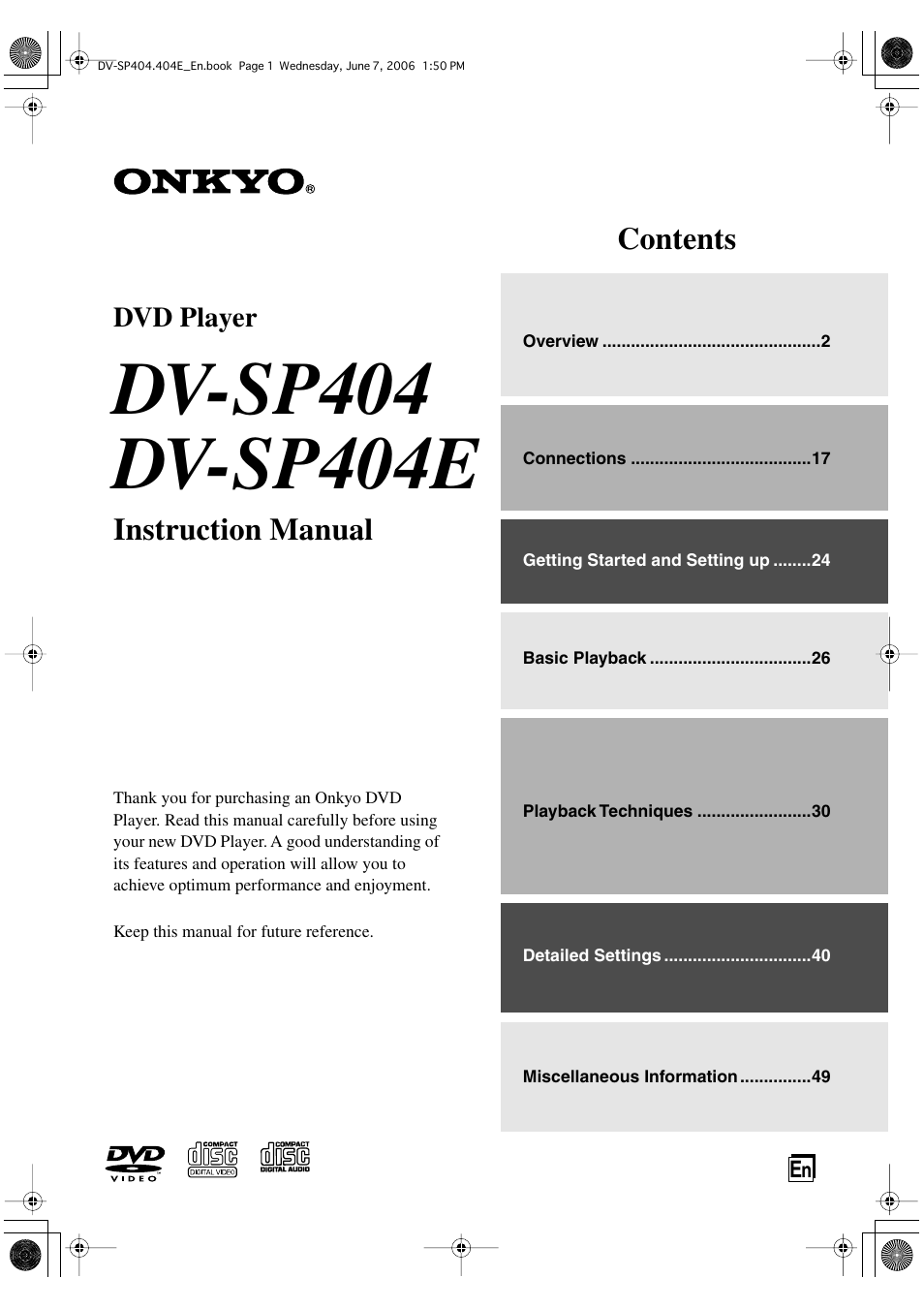 Onkyo DV SP404 User Manual | 60 pages