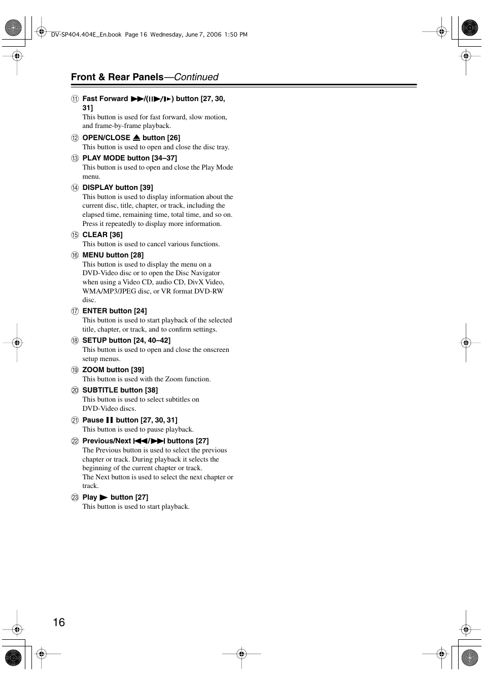 Front & rear panels —continued | Onkyo DV SP404 User Manual | Page 16 / 60