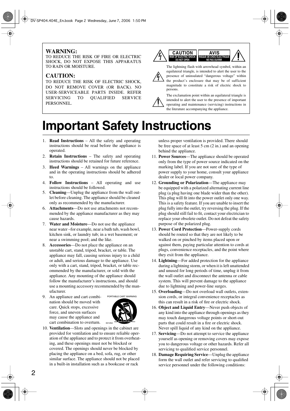 Important safety instructions, Warning, Caution | Onkyo DV SP404 User Manual | Page 2 / 60