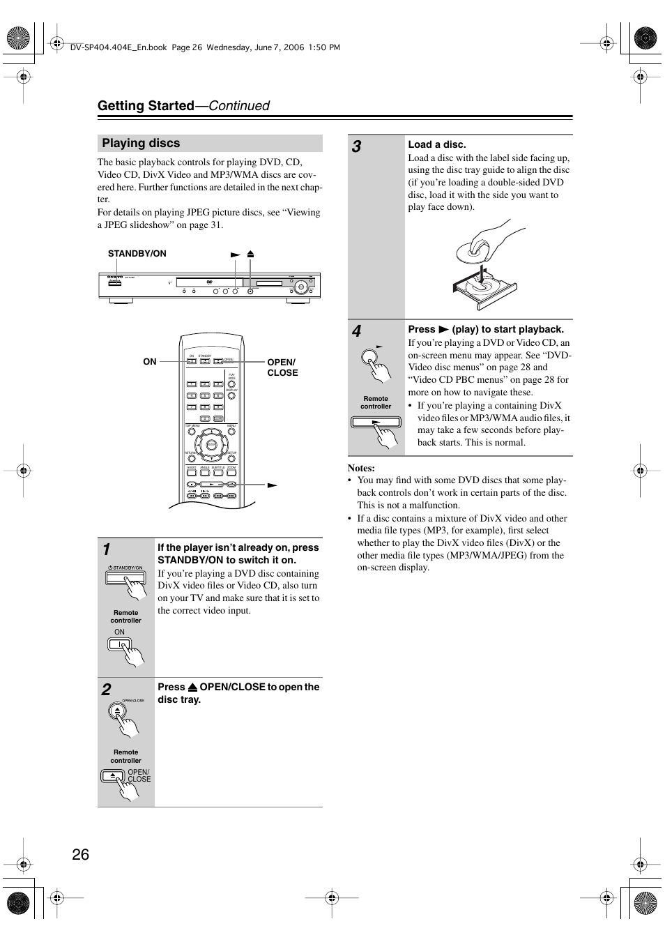 Getting started —continued, Playing discs | Onkyo DV SP404 User Manual | Page 26 / 60