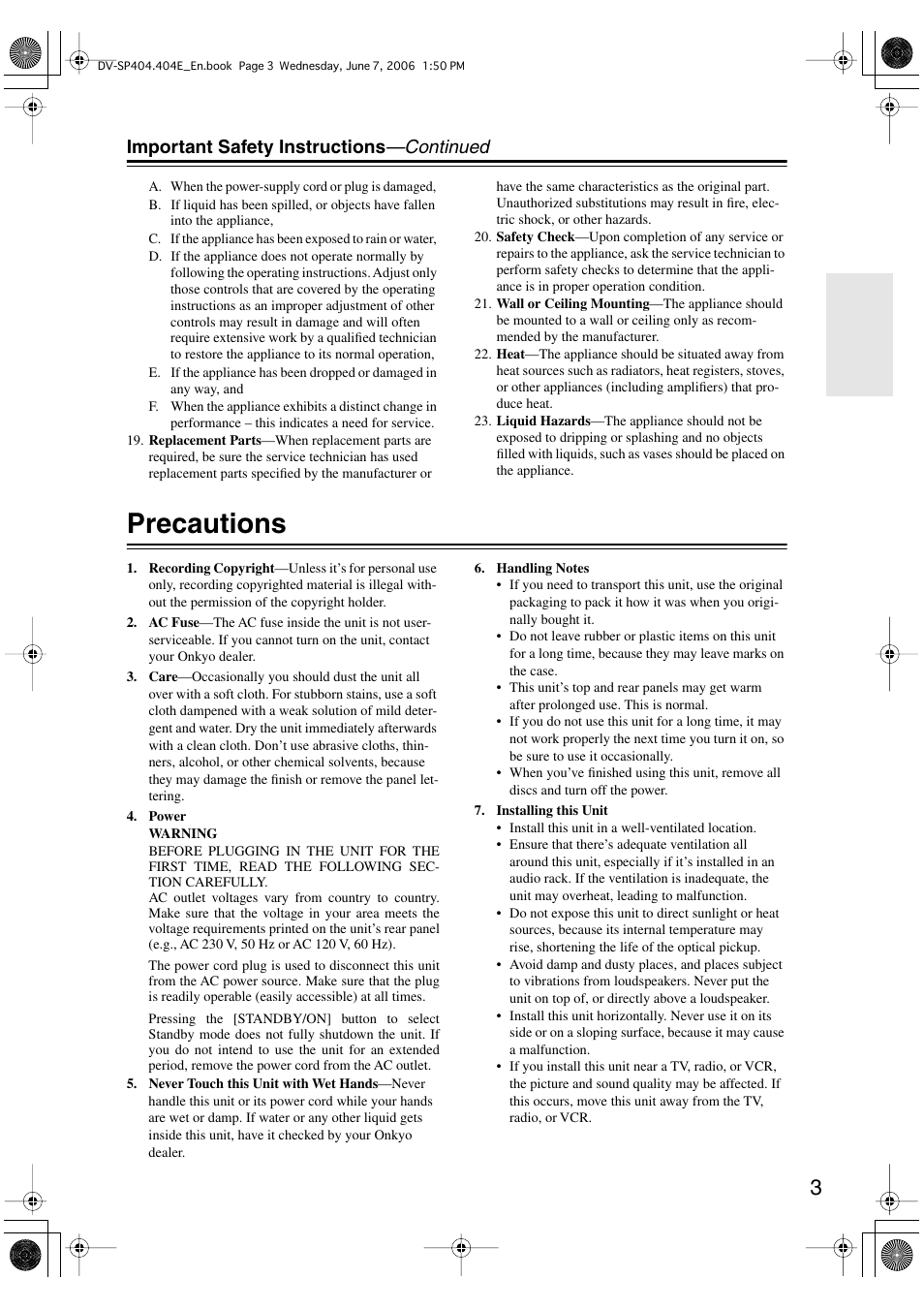 Precautions, Important safety instructions —continued | Onkyo DV SP404 User Manual | Page 3 / 60