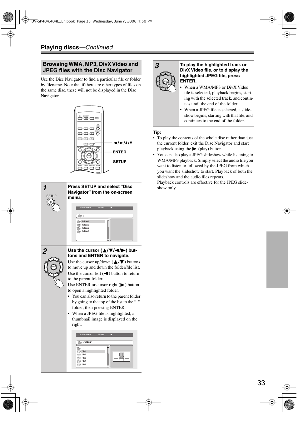 Playing discs —continued | Onkyo DV SP404 User Manual | Page 33 / 60