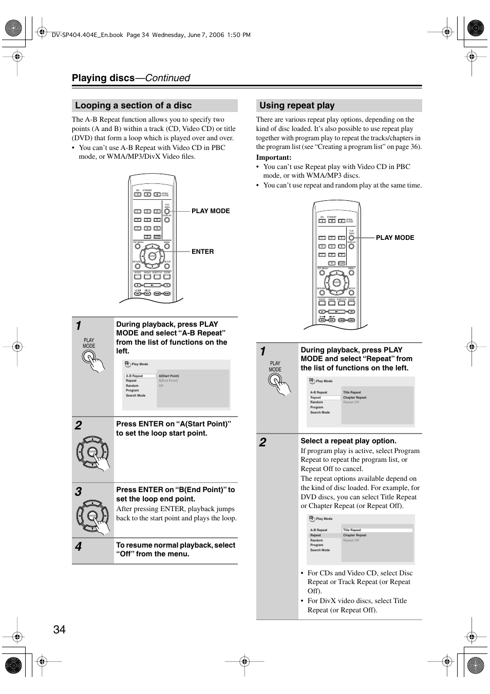 Playing discs —continued, Using repeat play | Onkyo DV SP404 User Manual | Page 34 / 60