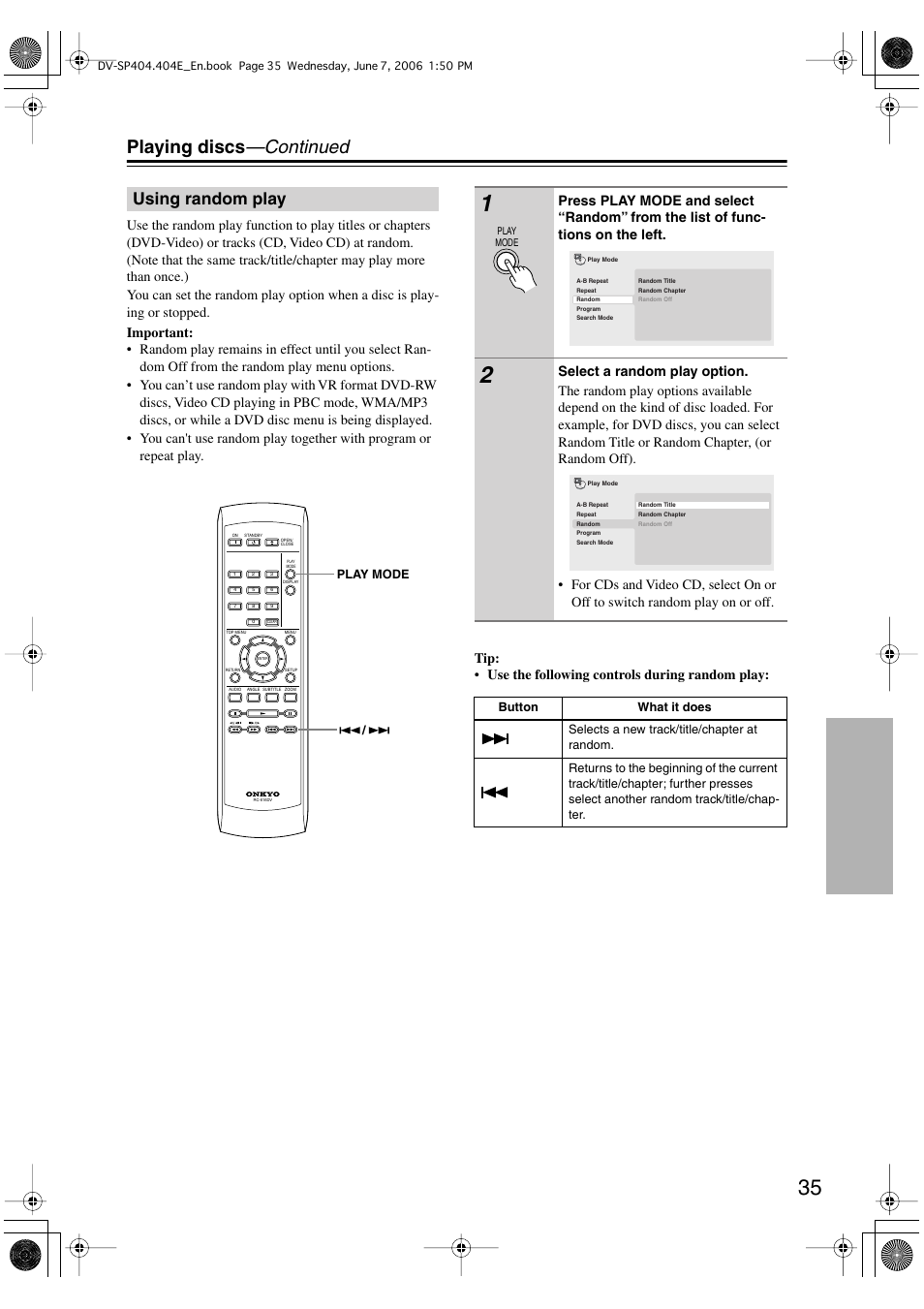 Playing discs —continued, Using random play | Onkyo DV SP404 User Manual | Page 35 / 60