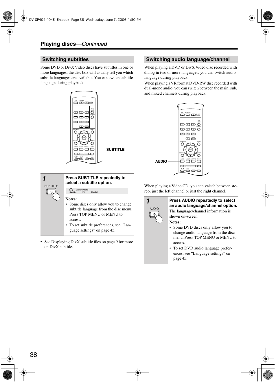Playing discs —continued, Switching subtitles, Switching audio language/channel | Onkyo DV SP404 User Manual | Page 38 / 60
