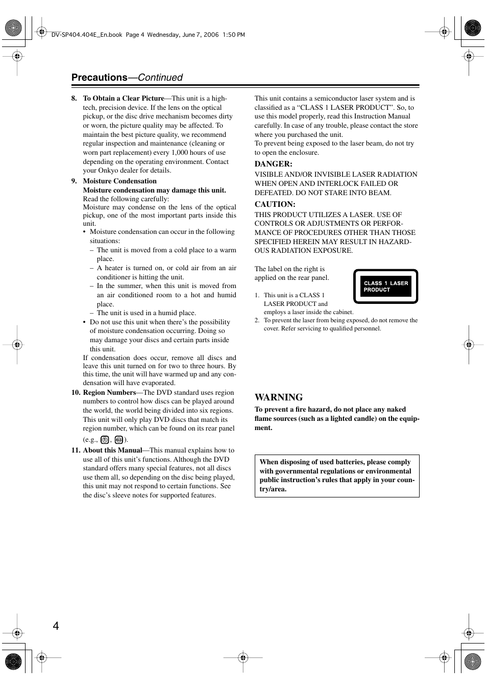Precautions —continued, Warning | Onkyo DV SP404 User Manual | Page 4 / 60