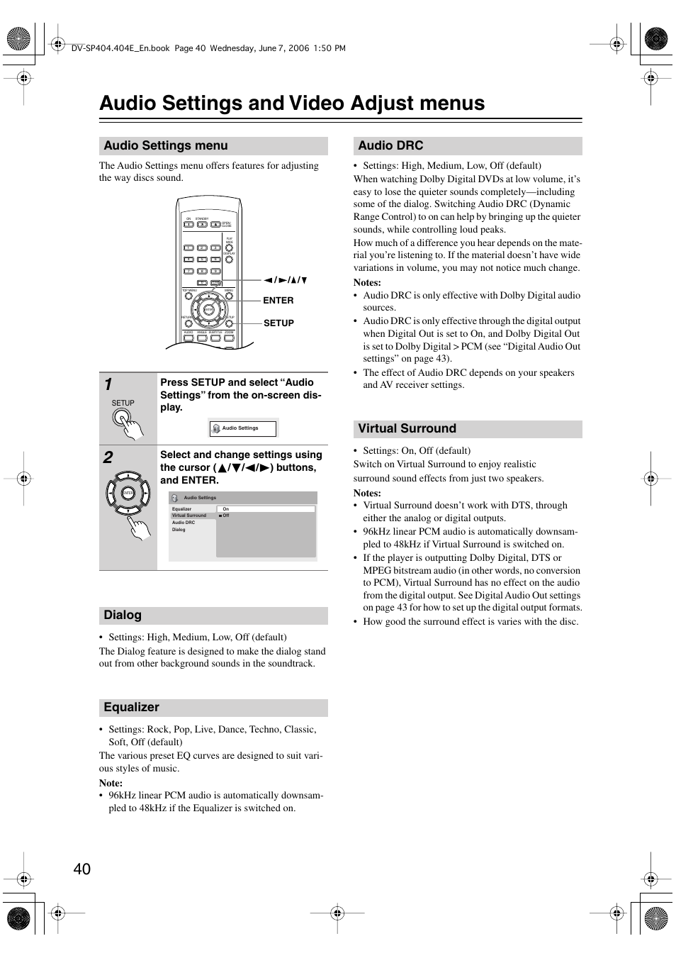 Audio settings and video adjust menus, Audio settings menu, Dialog equalizer | Audio drc virtual surround | Onkyo DV SP404 User Manual | Page 40 / 60