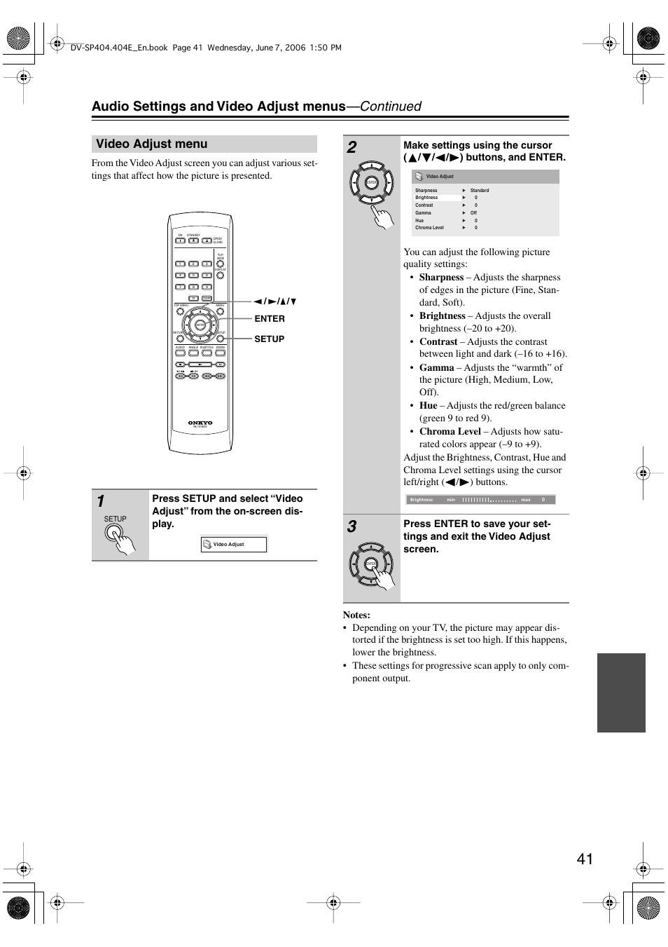 Audio settings and video adjust menus —continued, Video adjust menu | Onkyo DV SP404 User Manual | Page 41 / 60