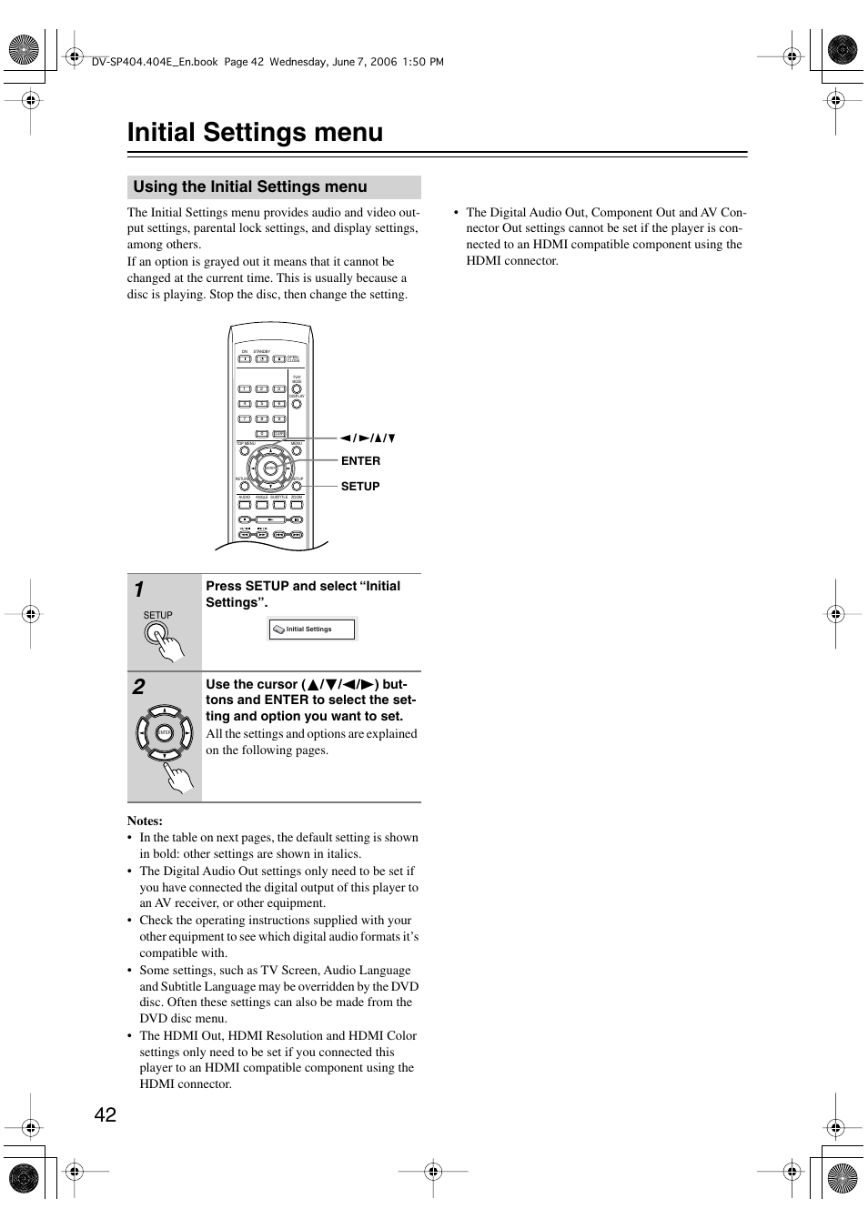 Initial settings menu, Using the initial settings menu | Onkyo DV SP404 User Manual | Page 42 / 60