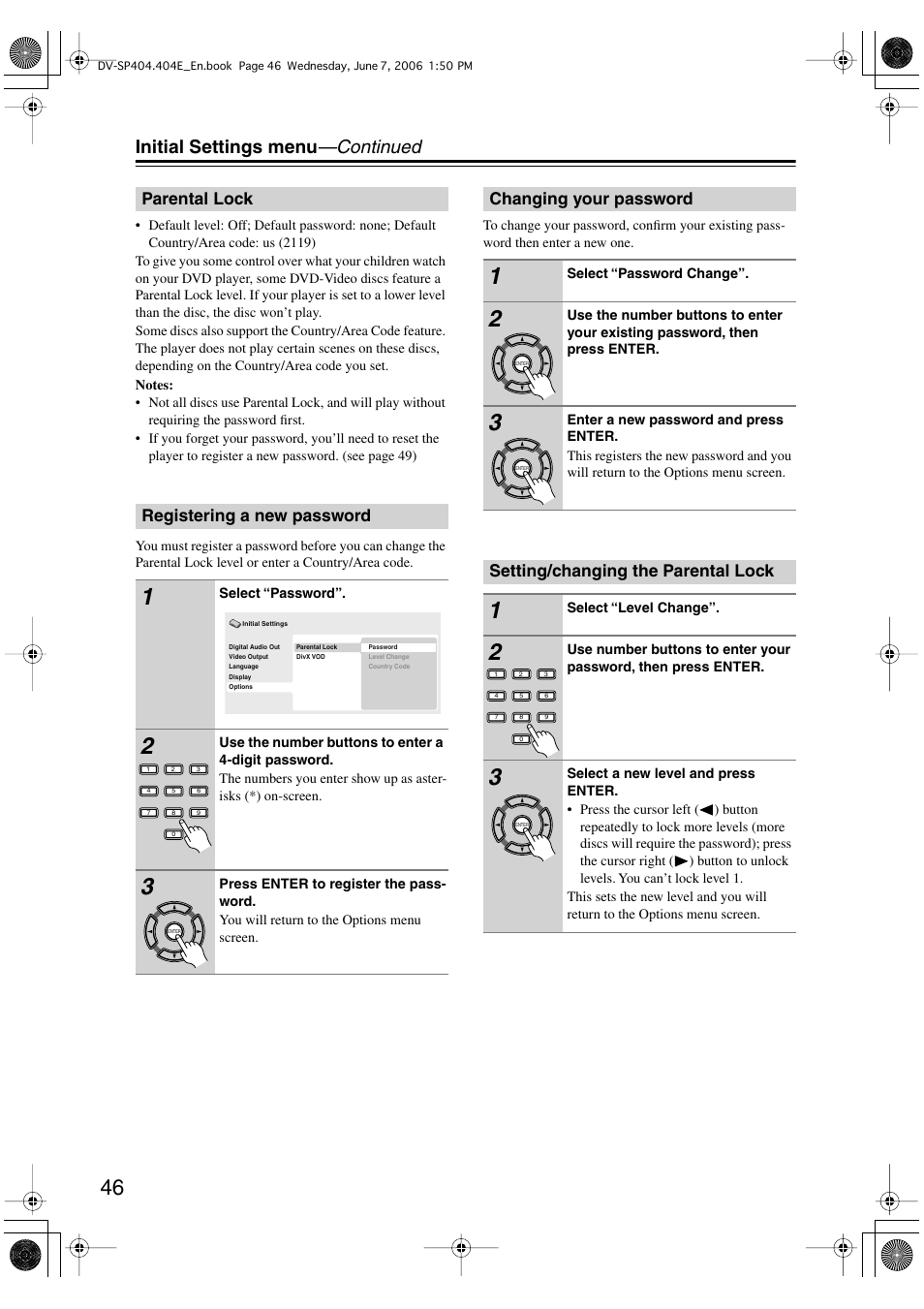 Initial settings menu —continued, Parental lock registering a new password, Changing your password | Setting/changing the parental lock | Onkyo DV SP404 User Manual | Page 46 / 60