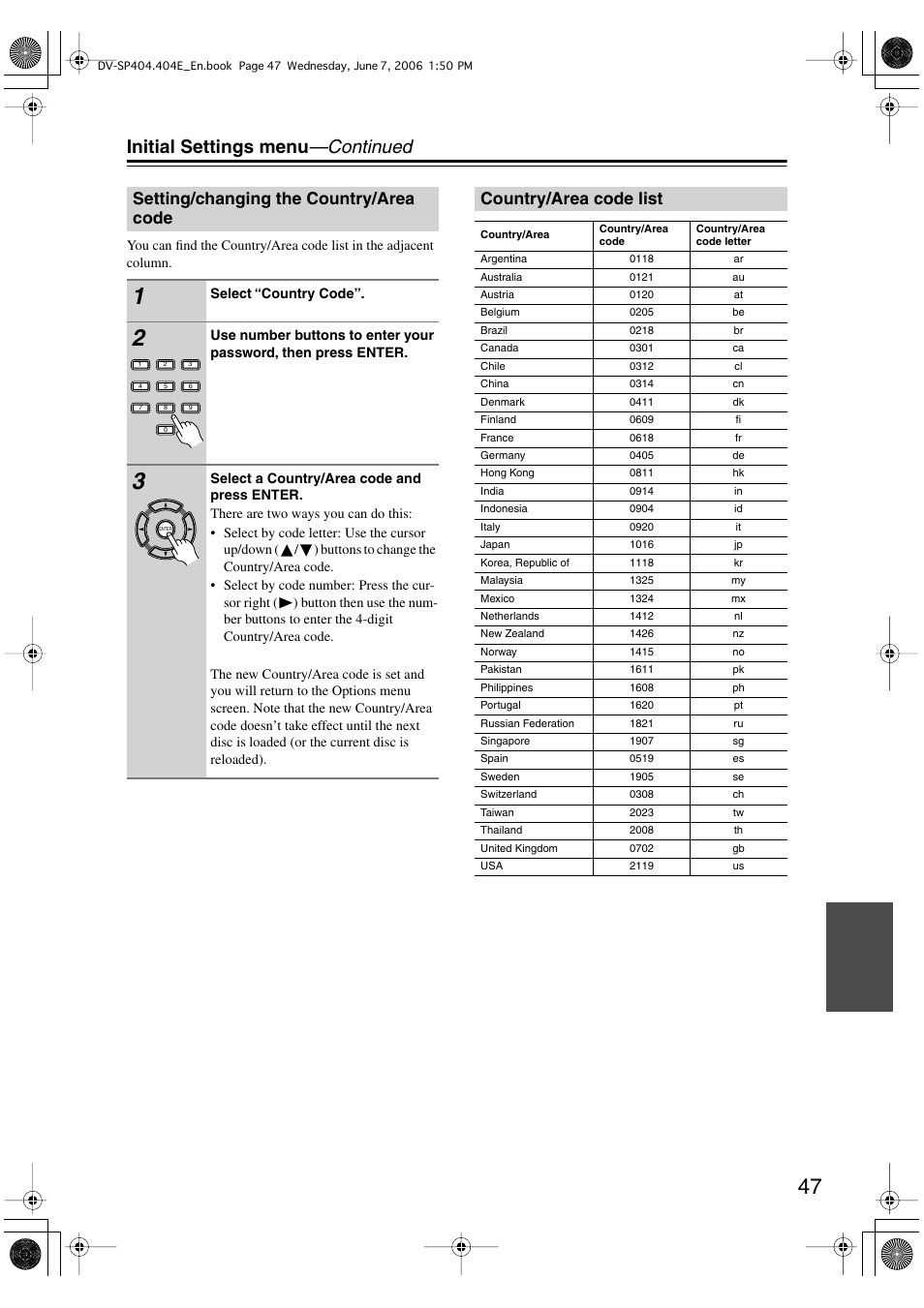 Initial settings menu —continued, Setting/changing the country/area code, Country/area code list | Onkyo DV SP404 User Manual | Page 47 / 60