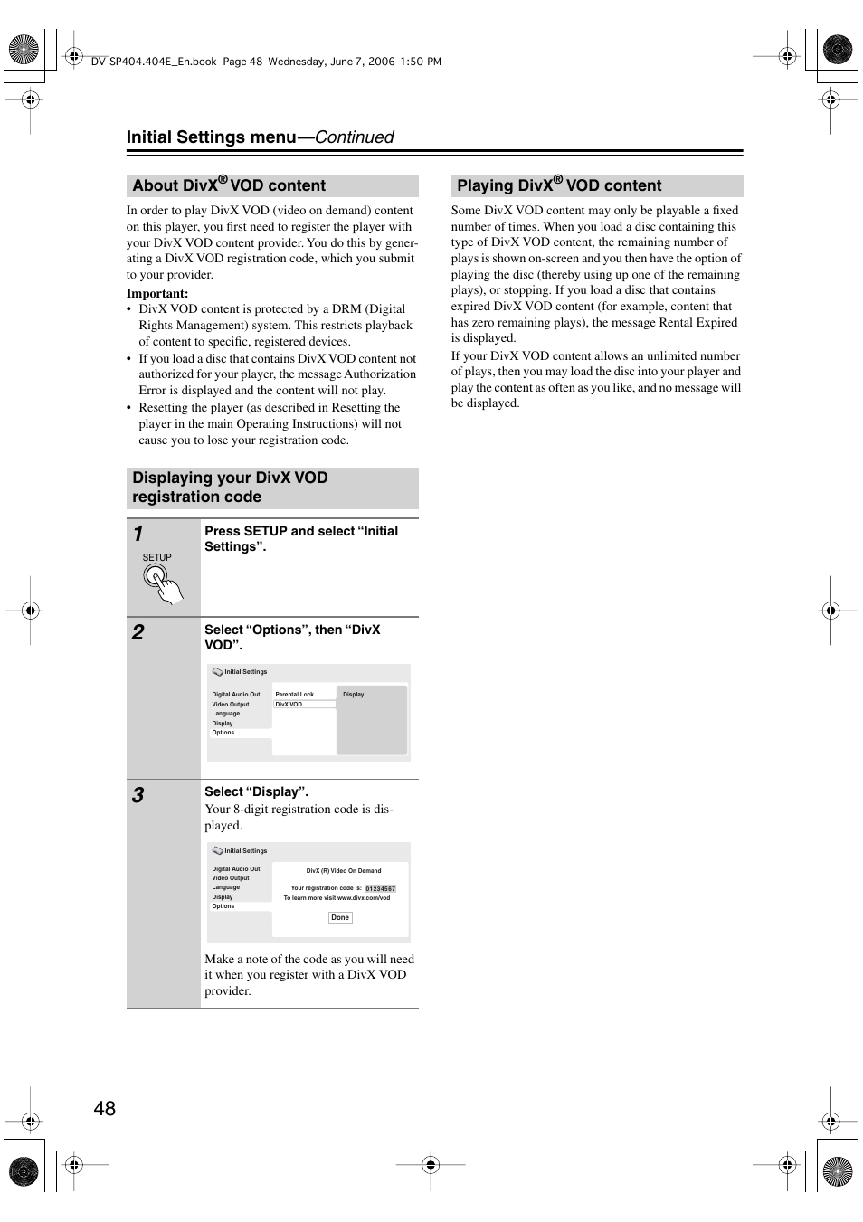 Initial settings menu —continued, About divx, Playing divx | Vod content | Onkyo DV SP404 User Manual | Page 48 / 60