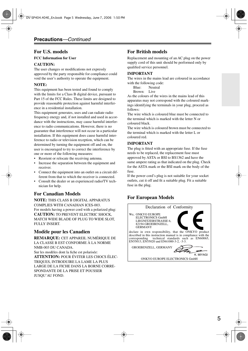 Precautions —continued for u.s. models, For canadian models, Modèle pour les canadien | For british models, For european models | Onkyo DV SP404 User Manual | Page 5 / 60