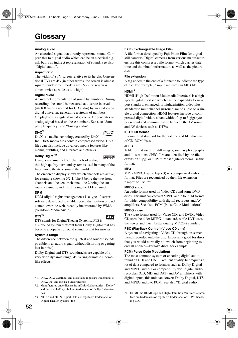 Glossary | Onkyo DV SP404 User Manual | Page 52 / 60