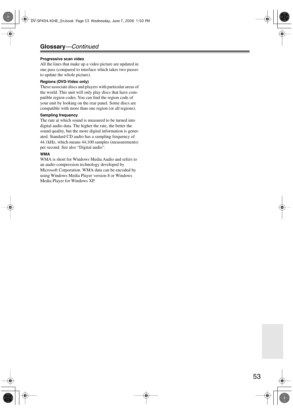 Glossary —continued | Onkyo DV SP404 User Manual | Page 53 / 60