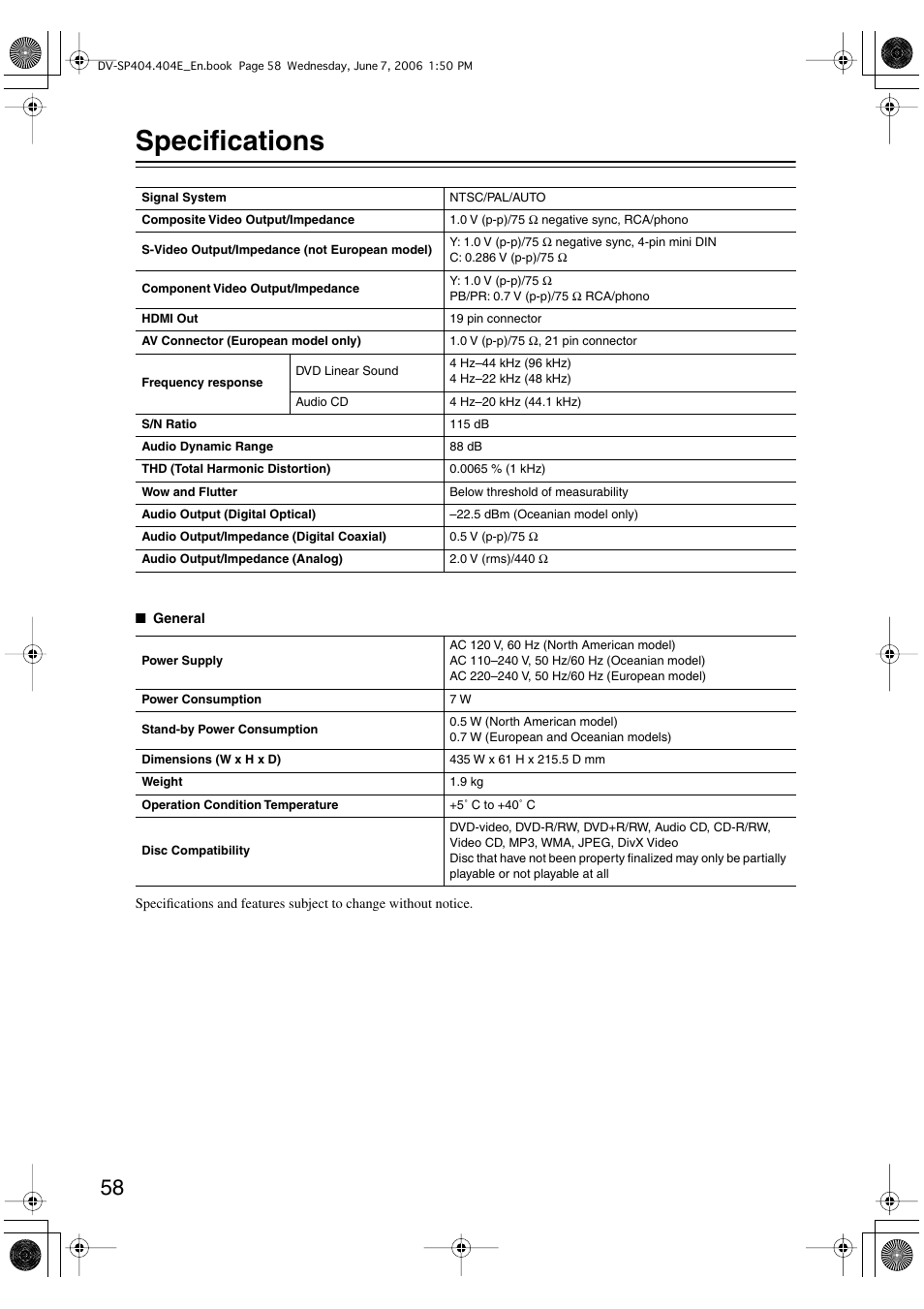 Specifications | Onkyo DV SP404 User Manual | Page 58 / 60