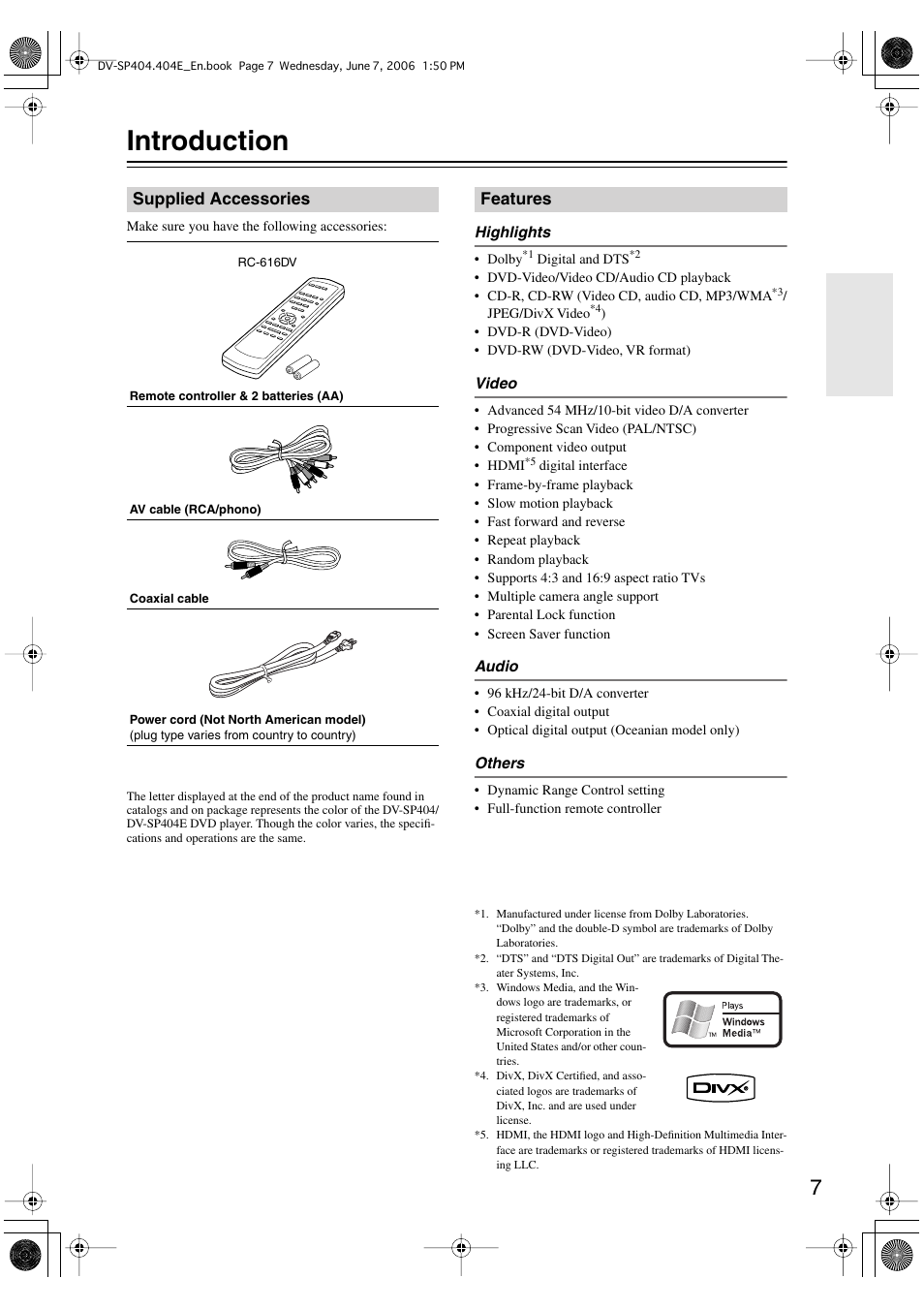 Introduction | Onkyo DV SP404 User Manual | Page 7 / 60