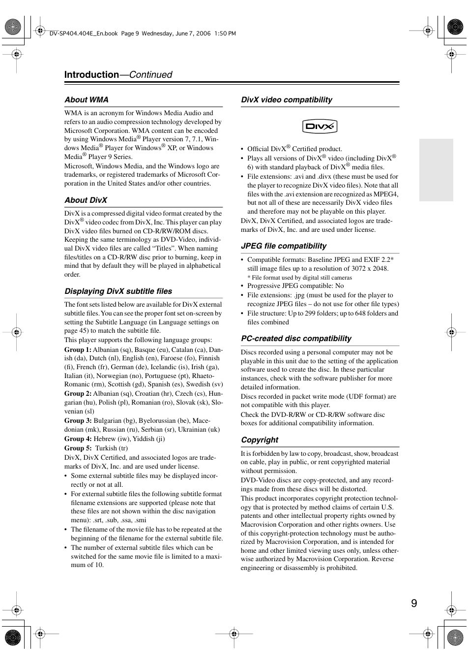 Introduction —continued | Onkyo DV SP404 User Manual | Page 9 / 60