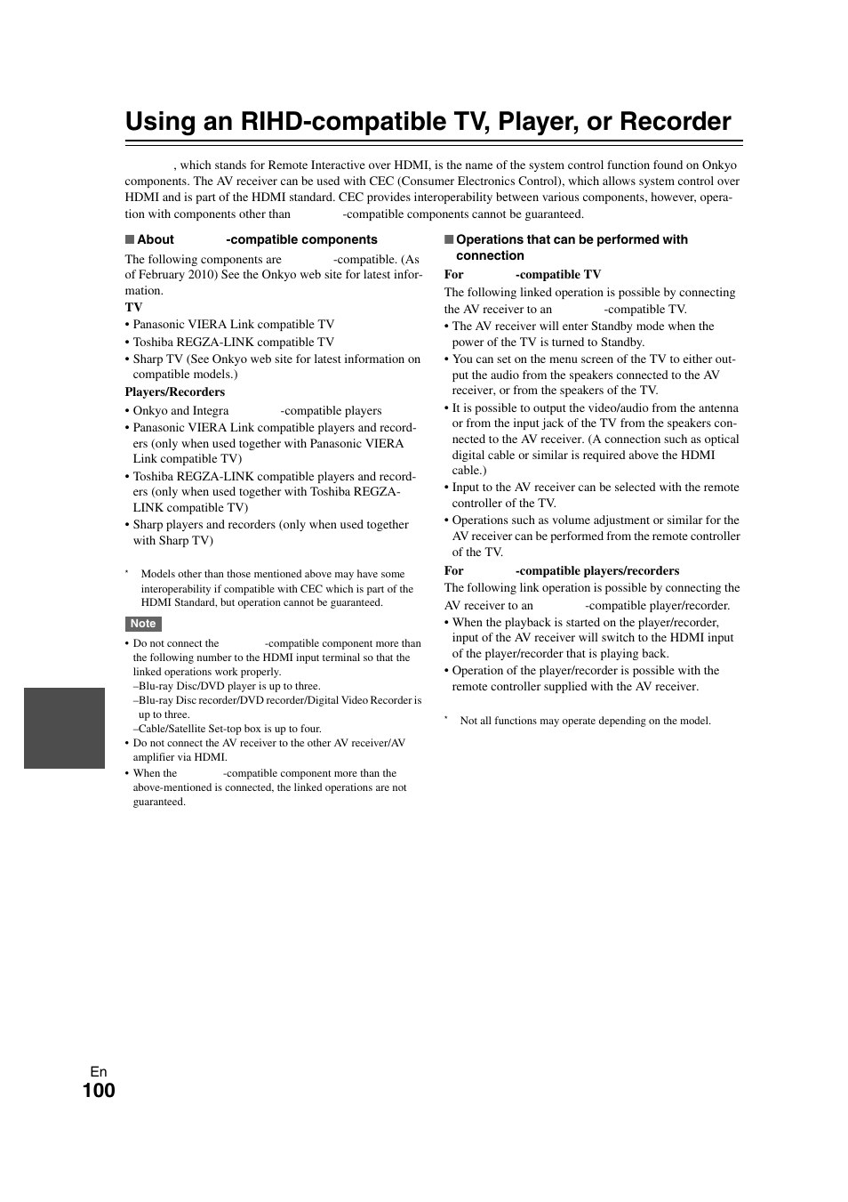 Using an rihd-compatible tv, player, or recorder, Using an rihd-compatible tv, player, Or recorder | Onkyo TX-NR1008 User Manual | Page 100 / 104