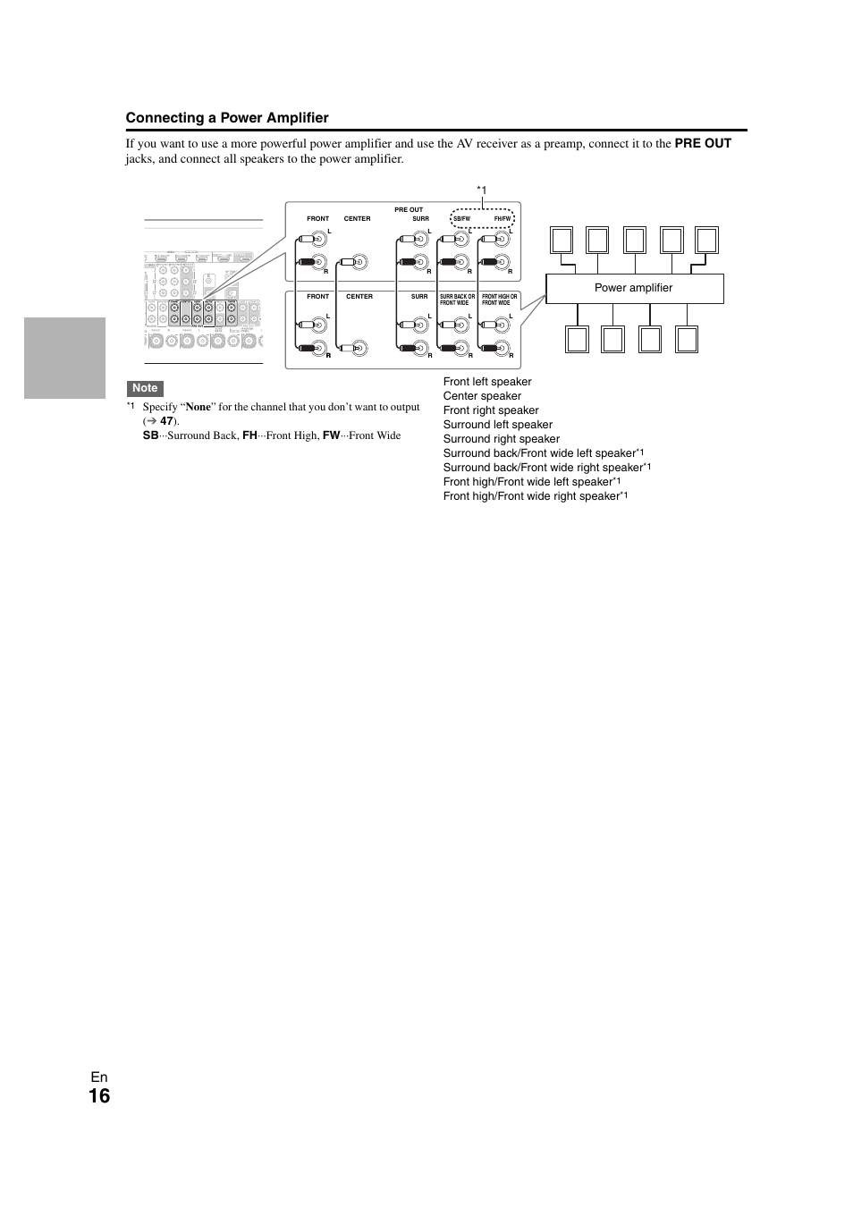 En connecting a power amplifier | Onkyo TX-NR1008 User Manual | Page 16 / 104