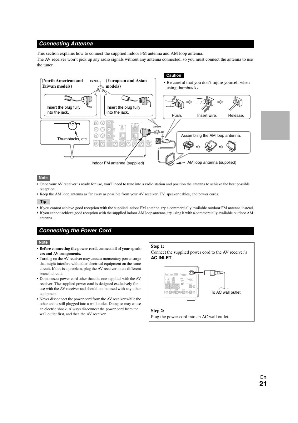 Connecting antenna, Connecting the power cord, Connecting antenna connecting the power cord | Onkyo TX-NR1008 User Manual | Page 21 / 104