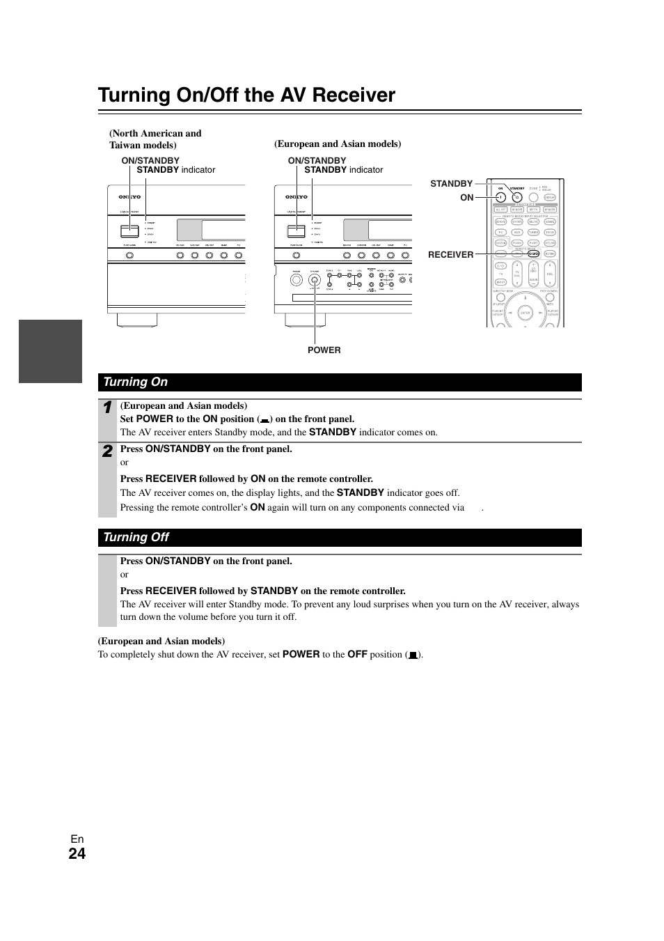 Turning on & basic operations, Turning on/off the av receiver, Turning on | Turning off, Turning on turning off, Tton | Onkyo TX-NR1008 User Manual | Page 24 / 104