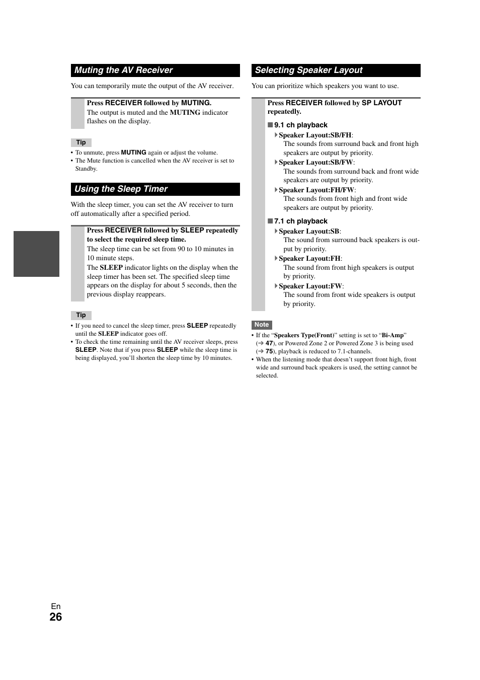 Muting the av receiver, Using the sleep timer, Selecting speaker layout | Tton | Onkyo TX-NR1008 User Manual | Page 26 / 104