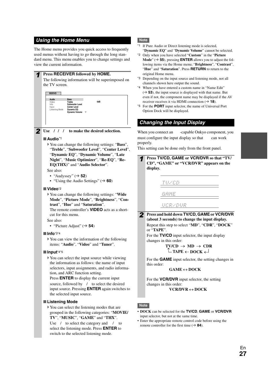 Using the home menu, Changing the input display, Using the home menu changing the input display | Onkyo TX-NR1008 User Manual | Page 27 / 104