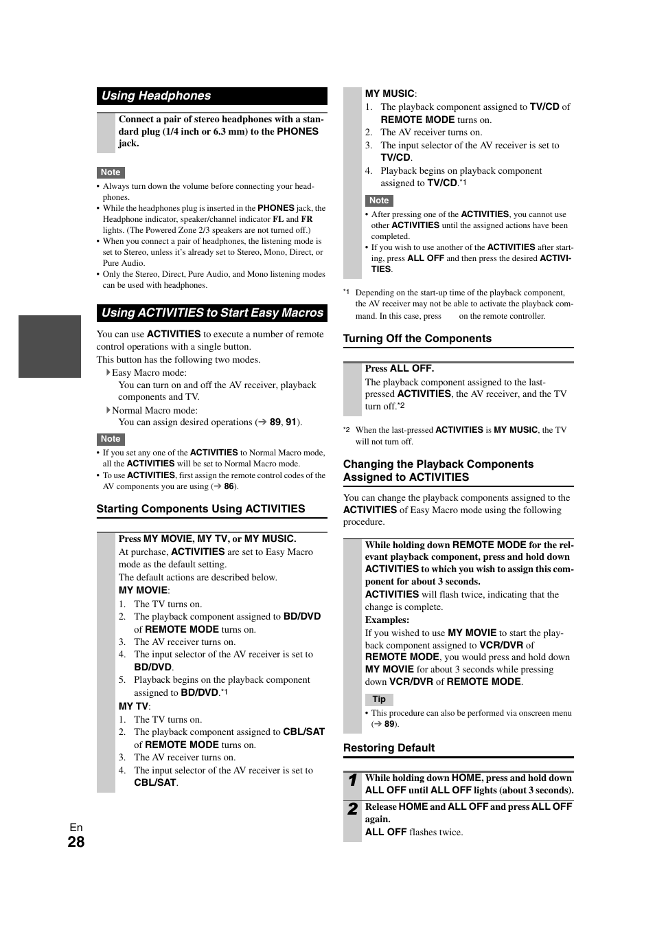 Using headphones, Using activities to start easy macros | Onkyo TX-NR1008 User Manual | Page 28 / 104