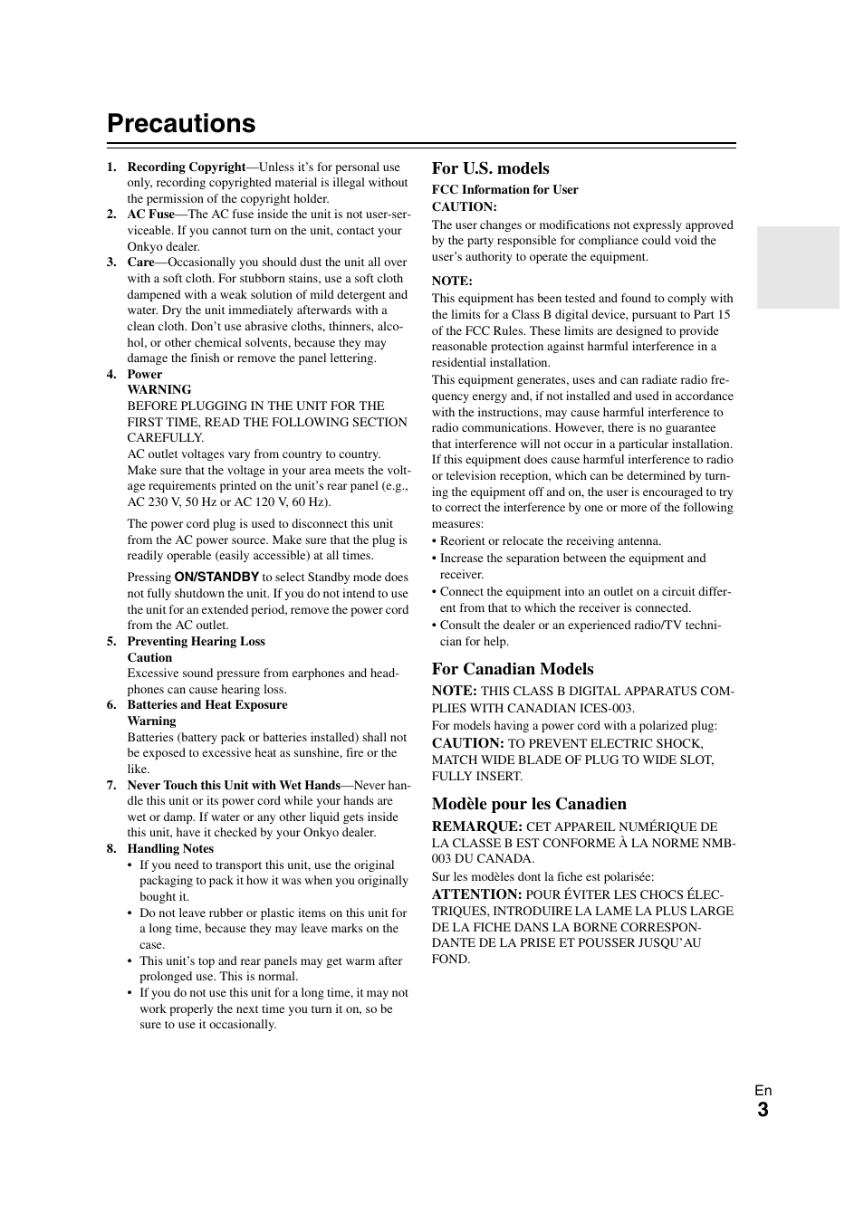 Precautions, For u.s. models, For canadian models | Modèle pour les canadien | Onkyo TX-NR1008 User Manual | Page 3 / 104