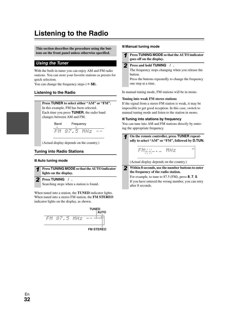 Listening to the radio, Using the tuner, Tton | Onkyo TX-NR1008 User Manual | Page 32 / 104