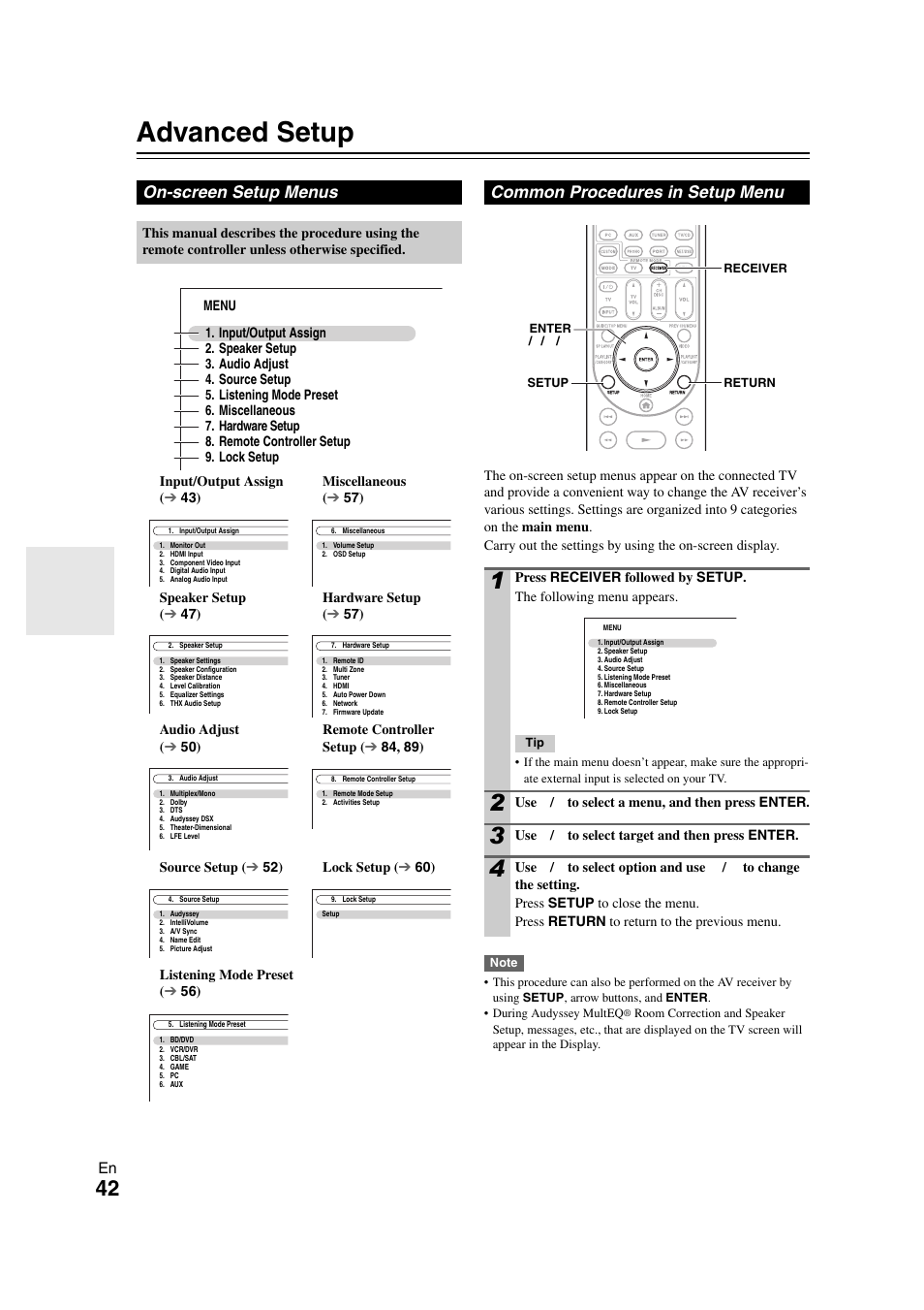 Advanced operations, Advanced setup, On-screen setup menus | Common procedures in setup menu, See “advanced setup” f, Details, Advanced setup” f | Onkyo TX-NR1008 User Manual | Page 42 / 104
