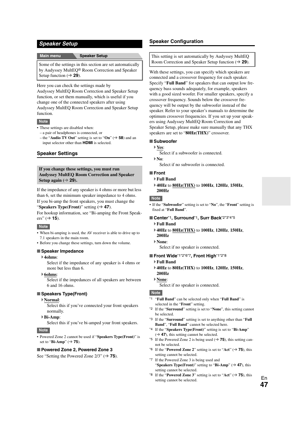 Speaker setup, 47 ). if you use, Setting | Speaker configuration, Ting, Subwoofer, Select if a subwoofer is connected, Select if no subwoofer is connected | Onkyo TX-NR1008 User Manual | Page 47 / 104