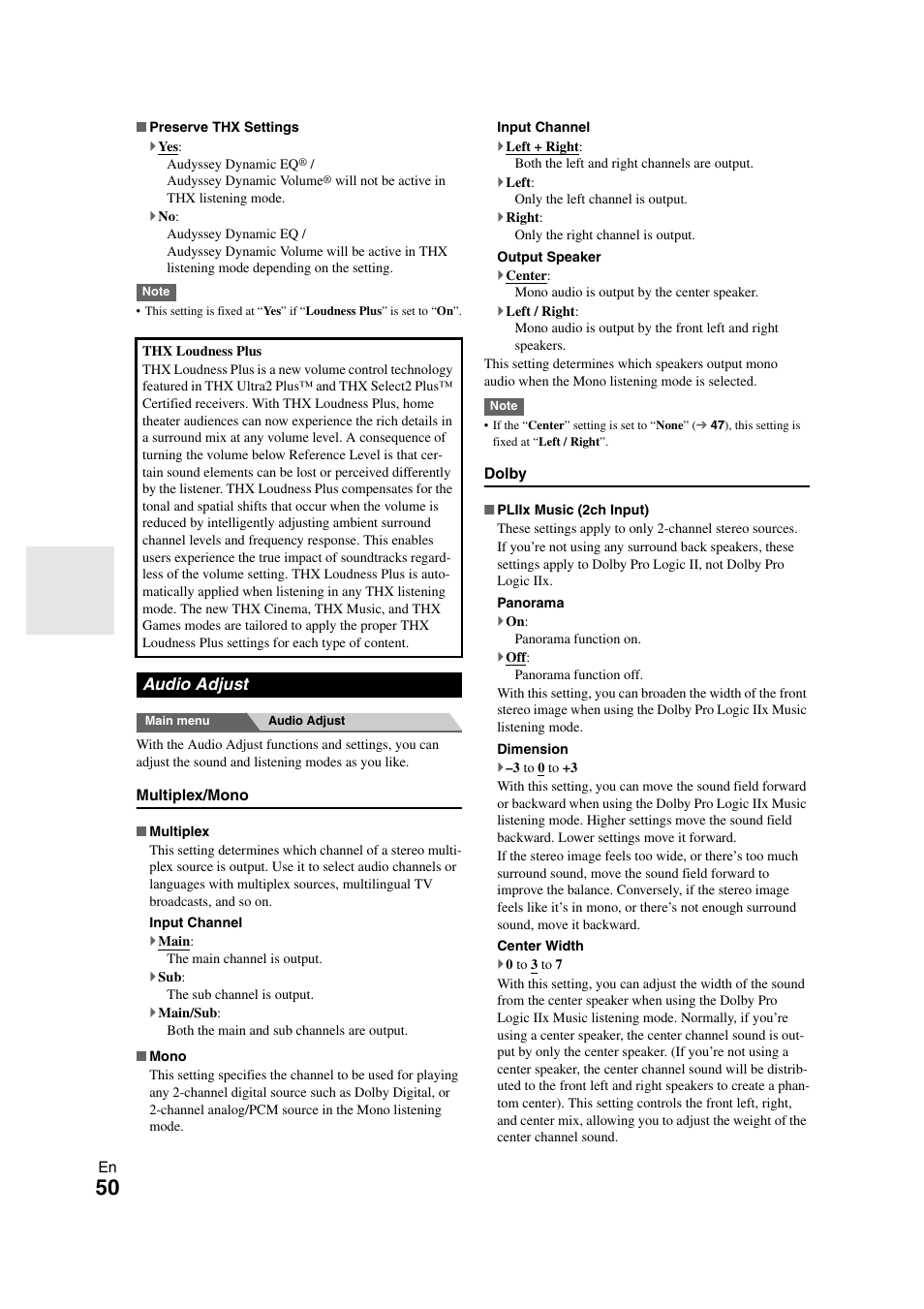 Audio adjust | Onkyo TX-NR1008 User Manual | Page 50 / 104