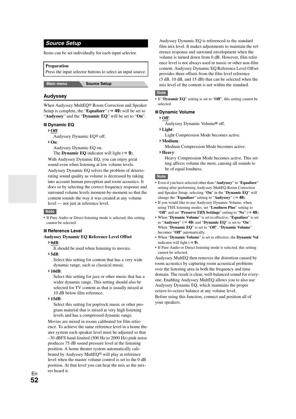Source setup, Audyssey, 52 ), the | Onkyo TX-NR1008 User Manual | Page 52 / 104