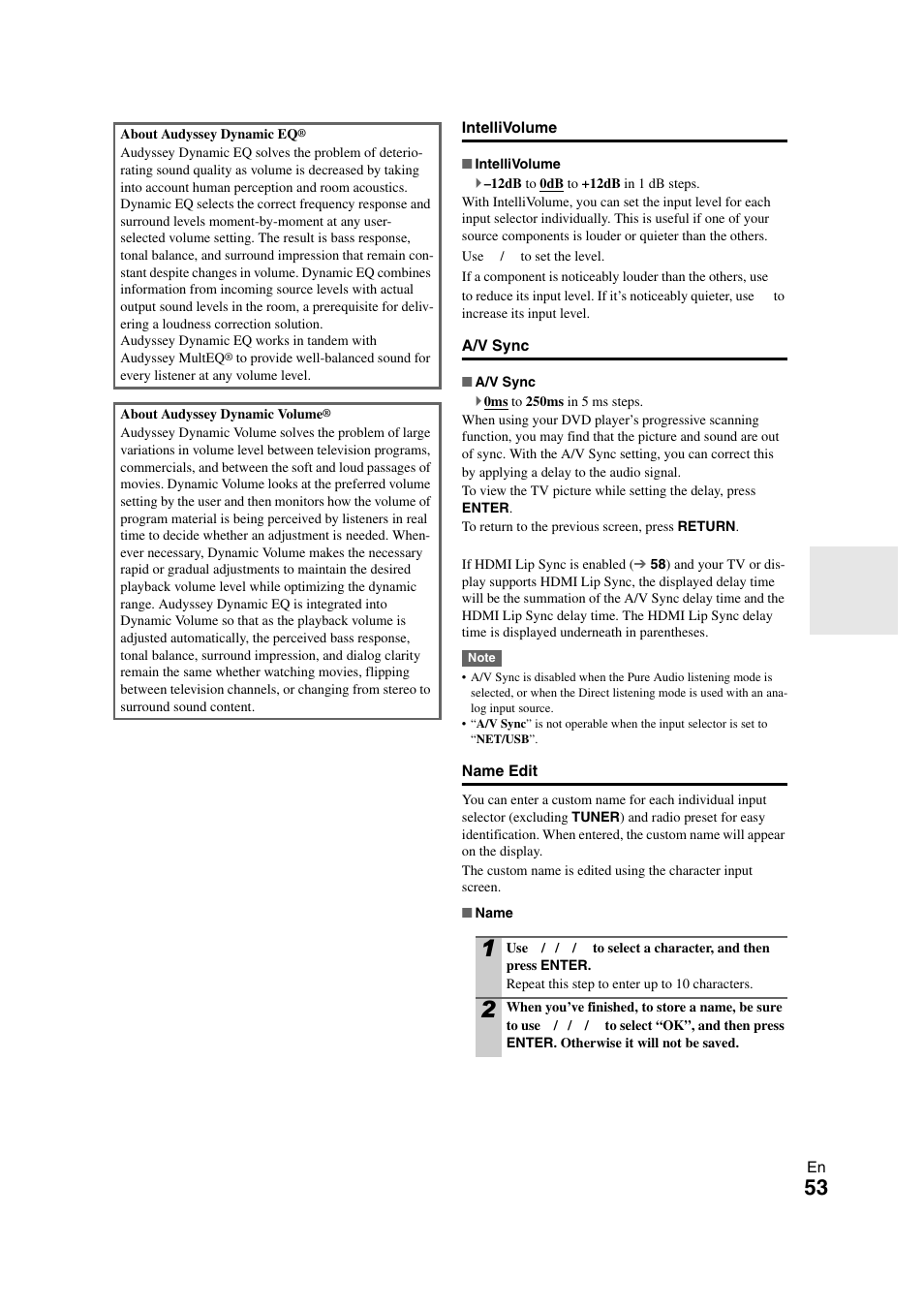 In “name edit, A custom name in “name edit | Onkyo TX-NR1008 User Manual | Page 53 / 104