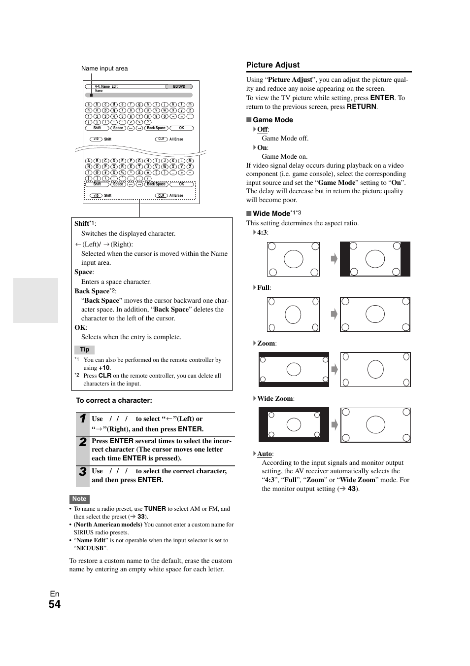 Picture adjust, Shift | Onkyo TX-NR1008 User Manual | Page 54 / 104
