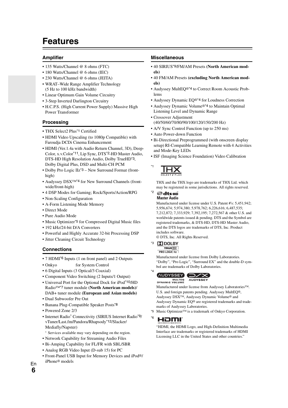 Features | Onkyo TX-NR1008 User Manual | Page 6 / 104