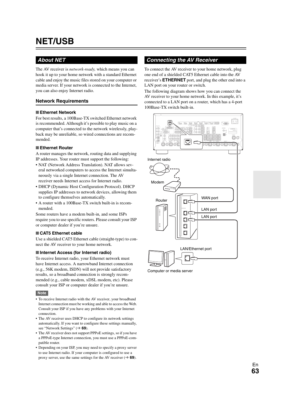 Net/usb, About net, Connecting the av receiver | About net connecting the av receiver | Onkyo TX-NR1008 User Manual | Page 63 / 104