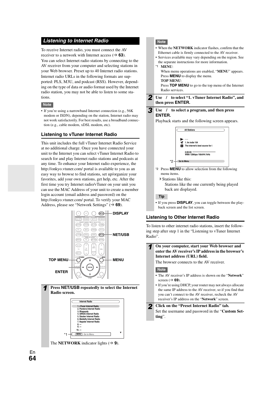 Listening to internet radio | Onkyo TX-NR1008 User Manual | Page 64 / 104