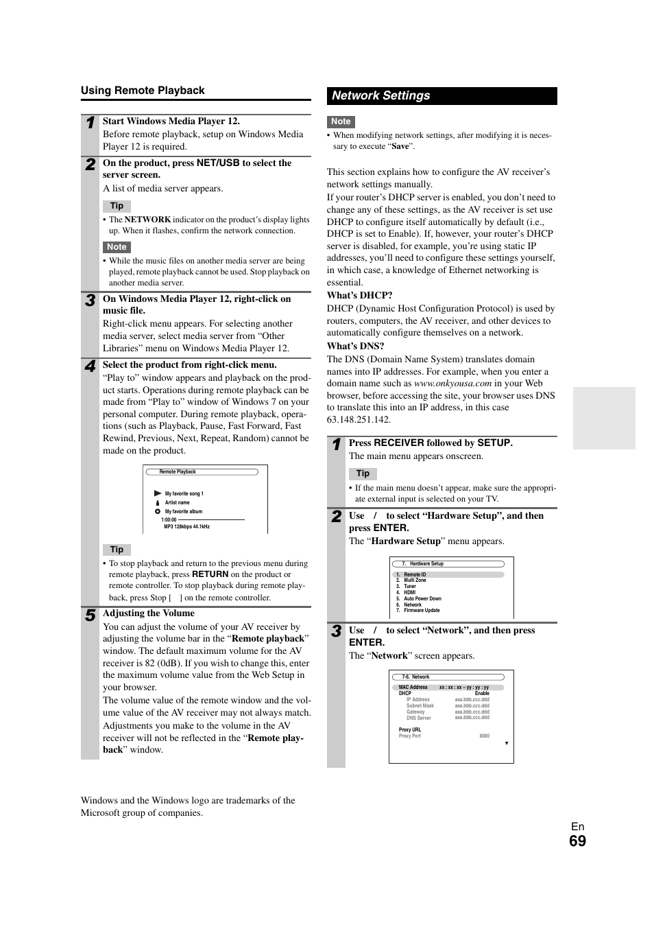 Network settings, See “network settings | Onkyo TX-NR1008 User Manual | Page 69 / 104