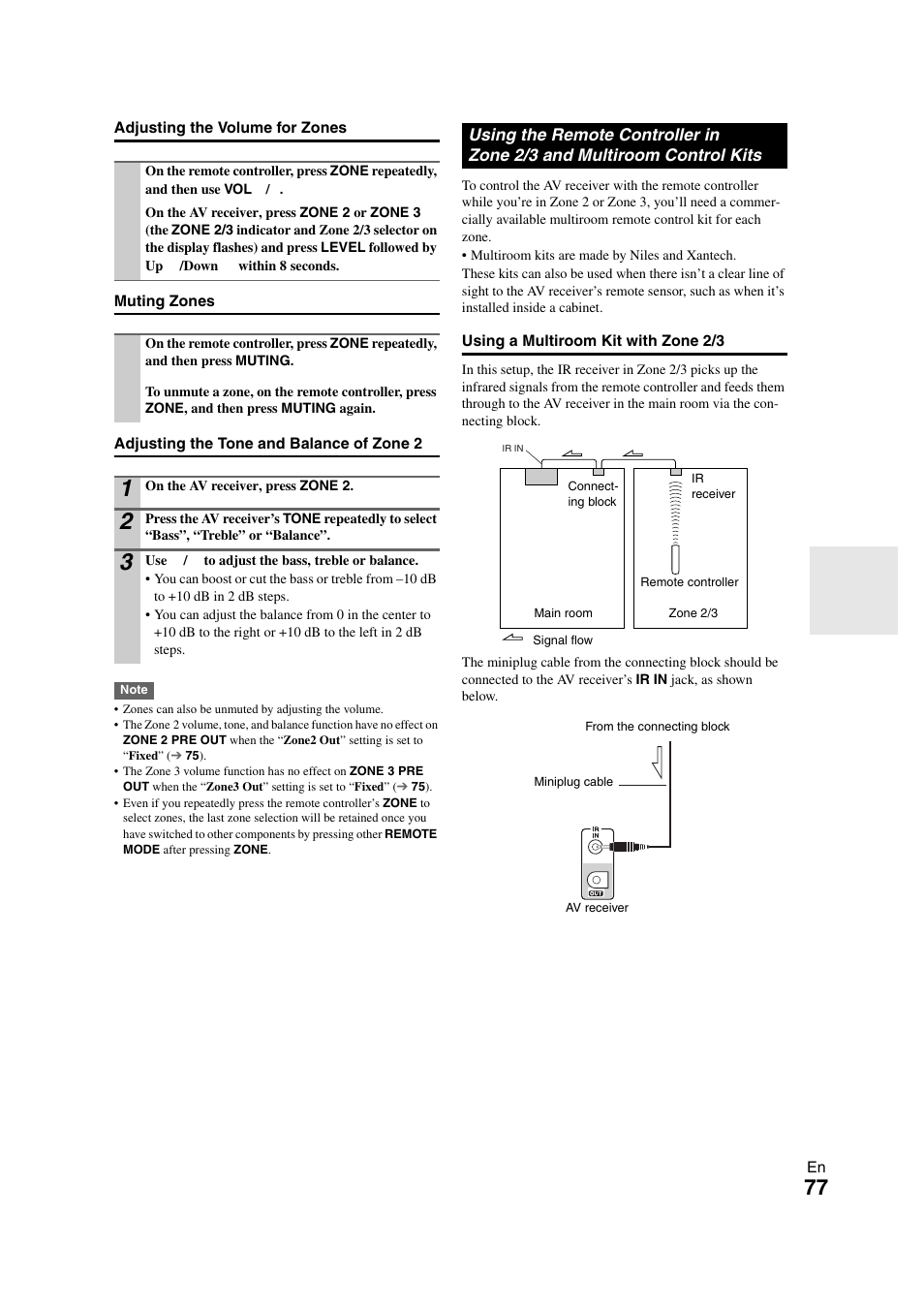 Using the remote controller in, Zone 2/3 and multiroom control kits | Onkyo TX-NR1008 User Manual | Page 77 / 104