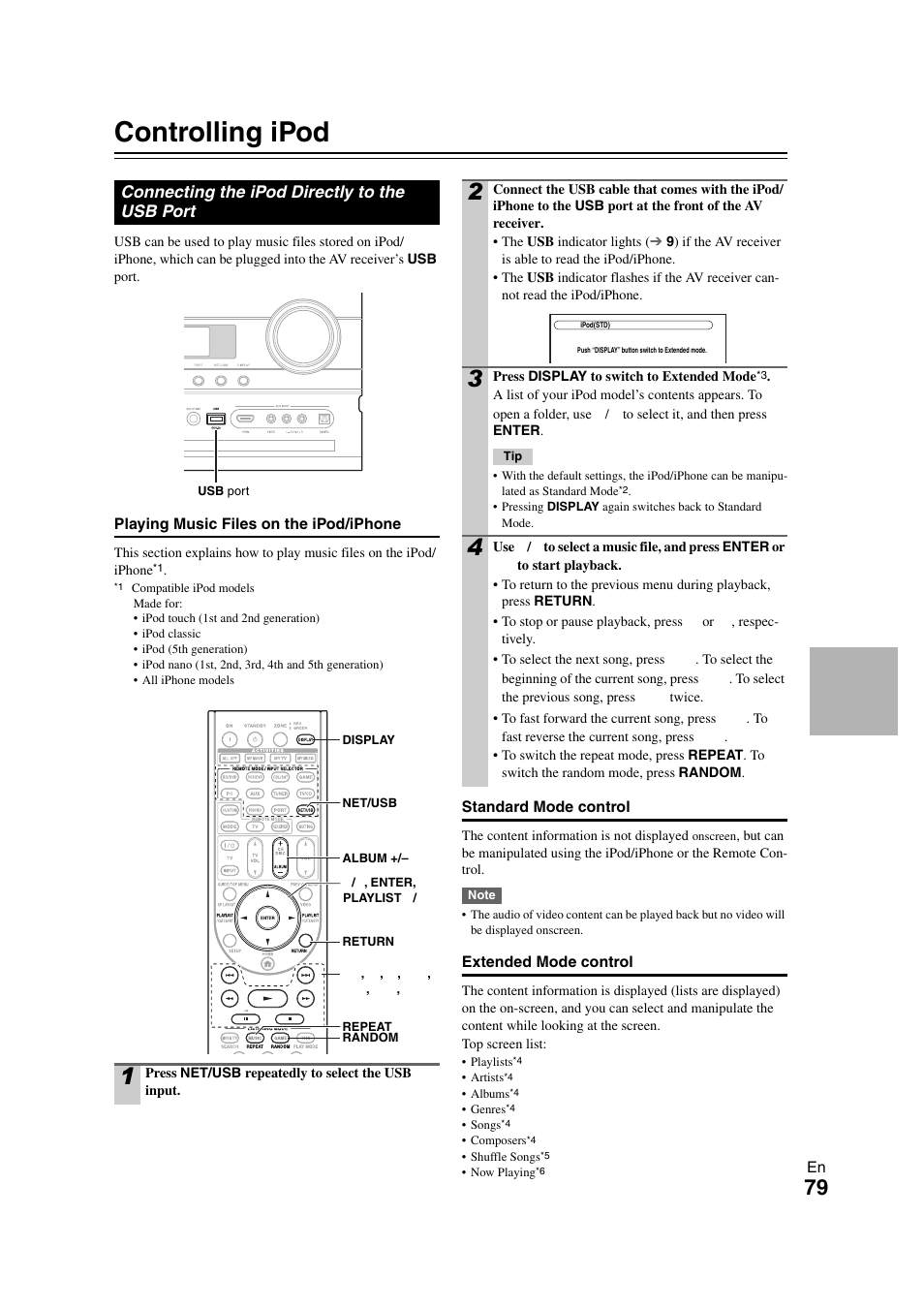 Controlling ipod & other components, Controlling ipod, Connecting the ipod directly to the usb port | Controlling ipod & other, Components | Onkyo TX-NR1008 User Manual | Page 79 / 104