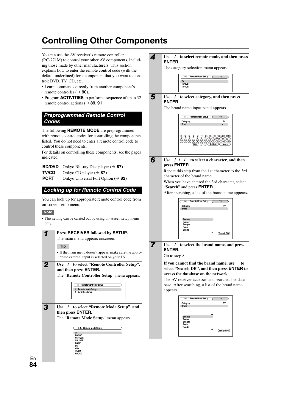 Controlling other components, Preprogrammed remote control codes, Looking up for remote control code | Onkyo TX-NR1008 User Manual | Page 84 / 104